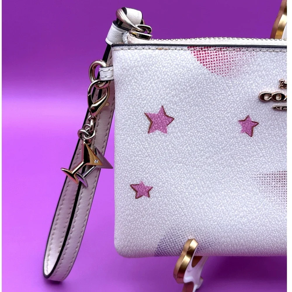 Coach Corner Zip Wristlet White Pink Shooting Star Celestial Martini Charm - Picture 8 of 15